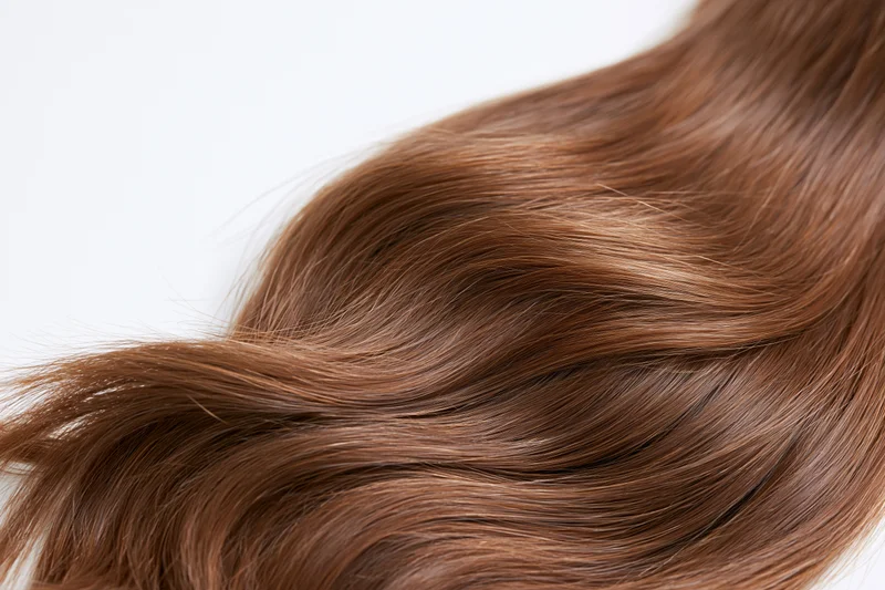 Flowing auburn-brown hair in motion against white background