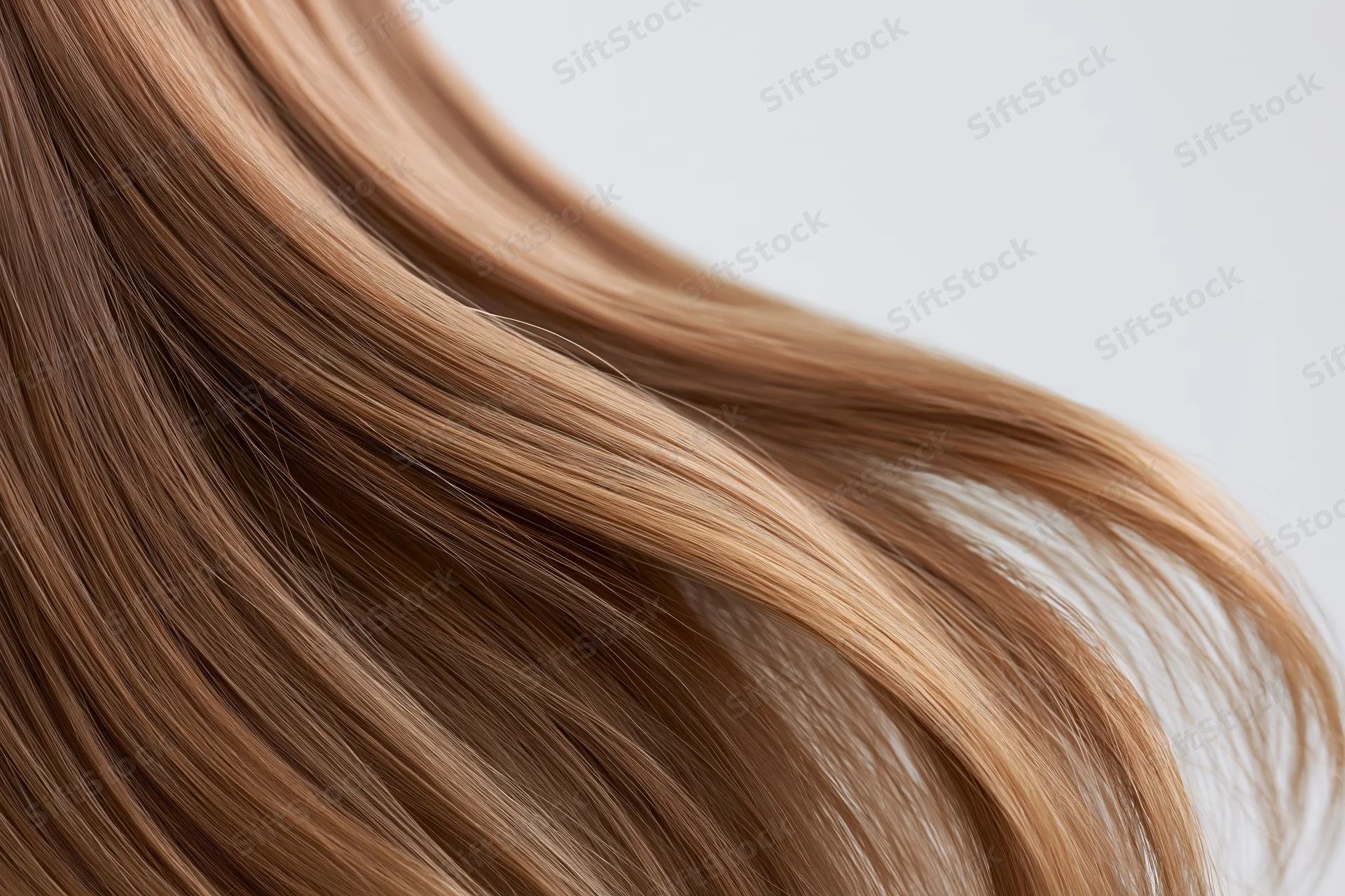 Flowing straight goldenbrown hair suspended midair in closeup view