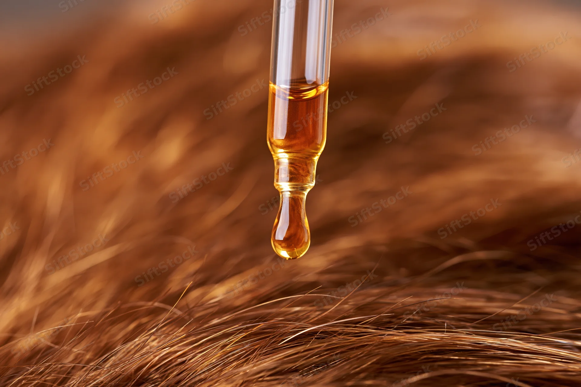 Golden oil drop falling from glass dropper onto brown hair strands