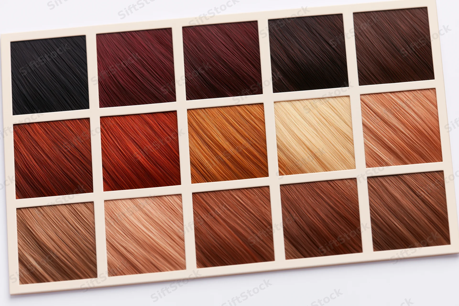 Grid of eighteen hair color swatch samples arranged in three rows on white background