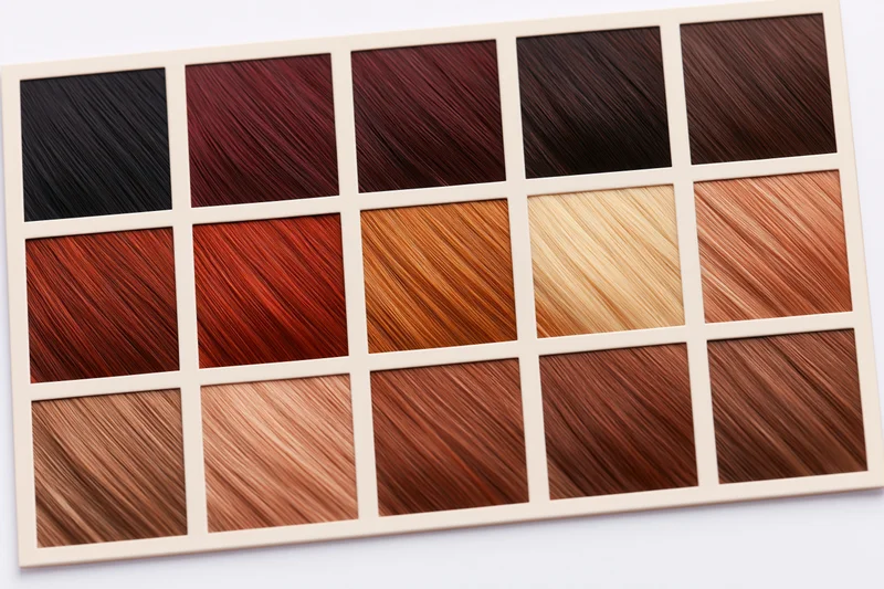 Grid of eighteen hair color swatch samples arranged in three rows on white background