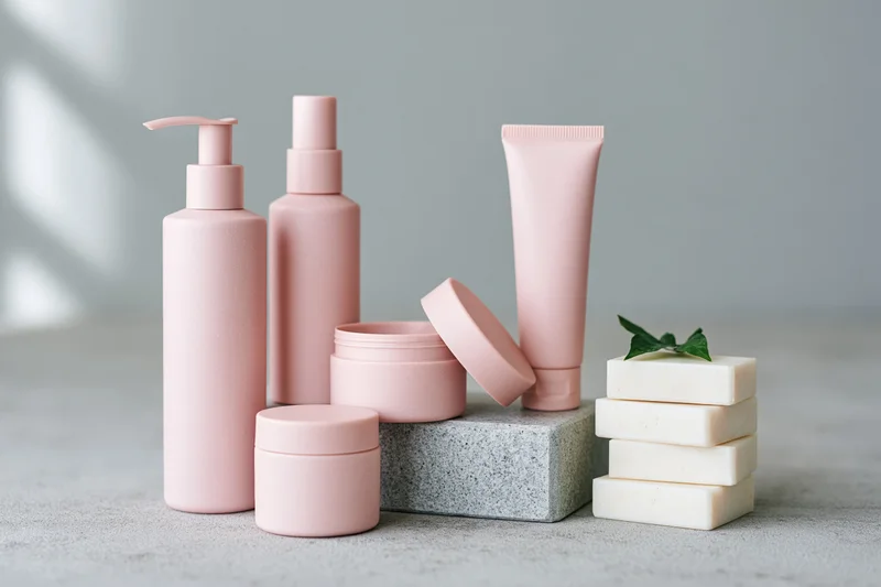 Matte blush-pink skincare containers arranged on a gray stone block with stacked soap bars and a mint leaf