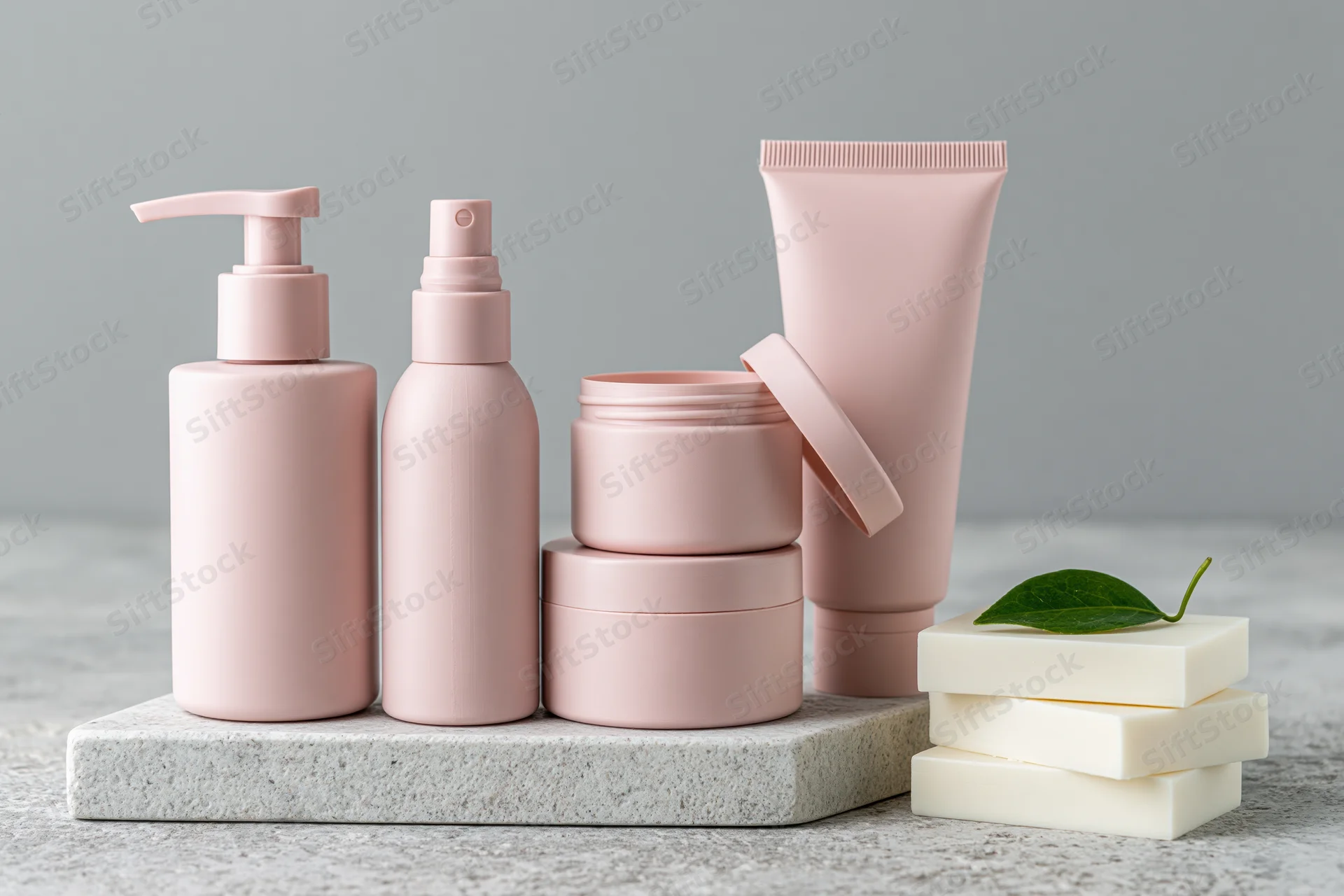 Matte blush-pink skincare containers arranged on a stone slab with white soap and a green leaf on a neutral surface