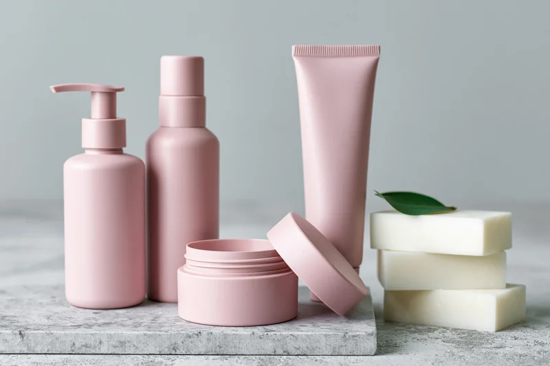 Matte pink skincare containers and white soap bars arranged on a concrete surface