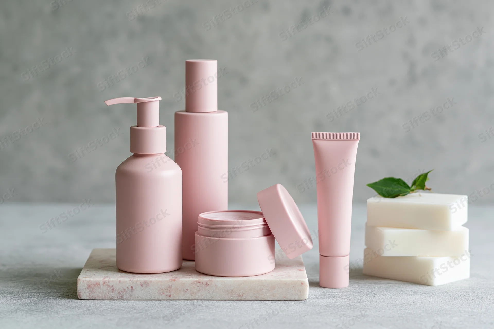 Matte blush-pink skincare containers arranged on a marble slab with soap bars and a green leaf on a concrete surface