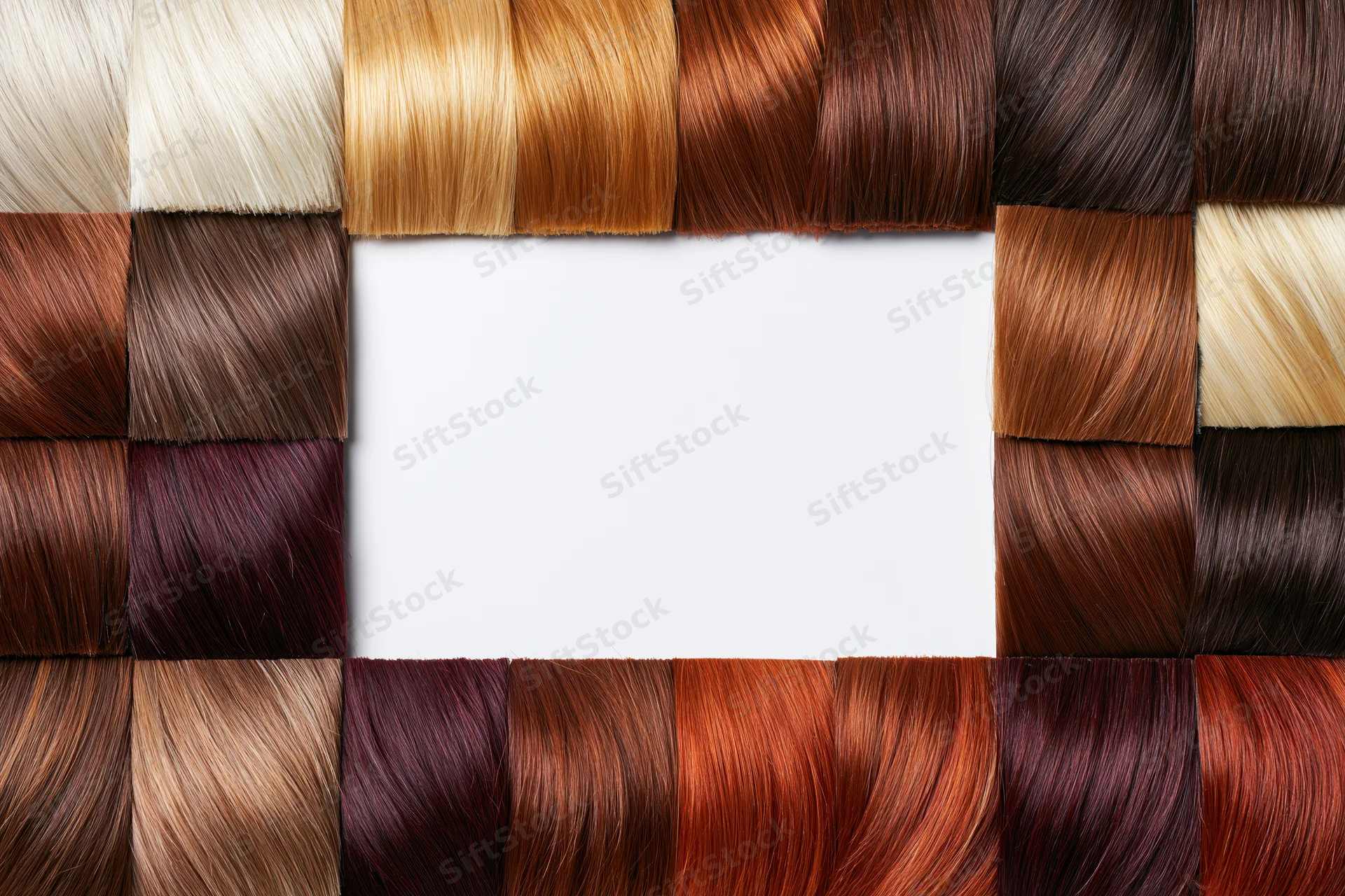 Hair color swatch chart arranged in rectangular grid with central white copyspace