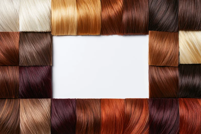 Hair color swatch chart arranged in rectangular grid with central white copyspace