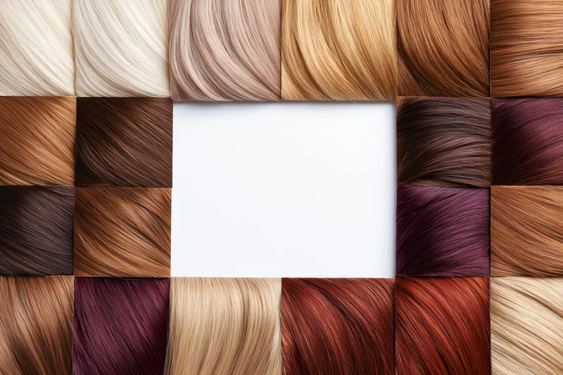 Hair color swatch chart arranged in a grid with a central white copyspace