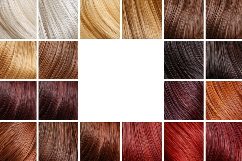 Hair color swatch chart arranged in a grid with central copyspace
