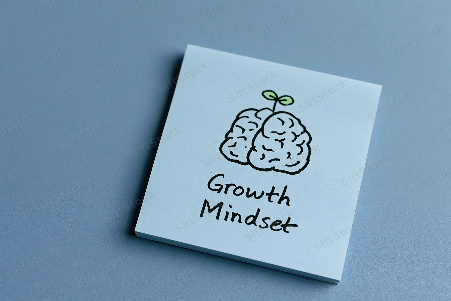 Light blue sticky note with hand-drawn brain and sprout illustration and text growth mindset on flat blue surface