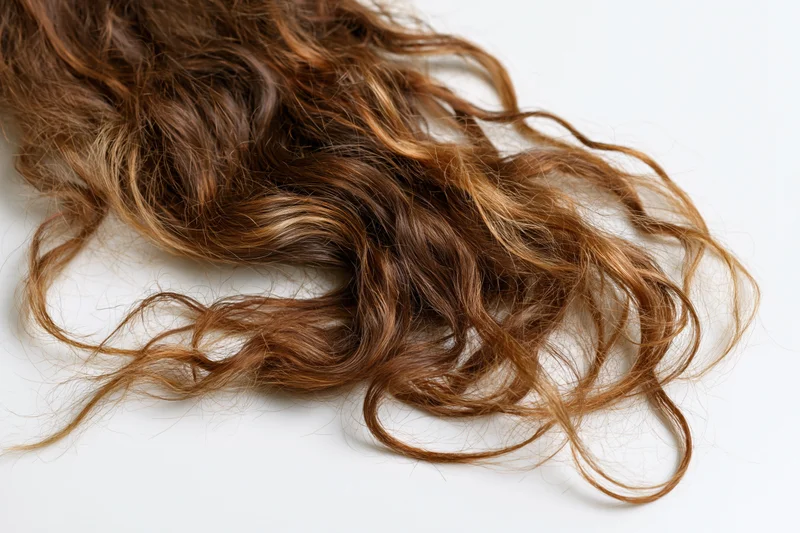 Loose wavy brown hair with caramel and honey blonde highlights on white background