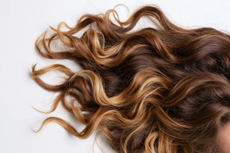 Wavy brown hair with caramel and honey blonde highlights lying on white surface