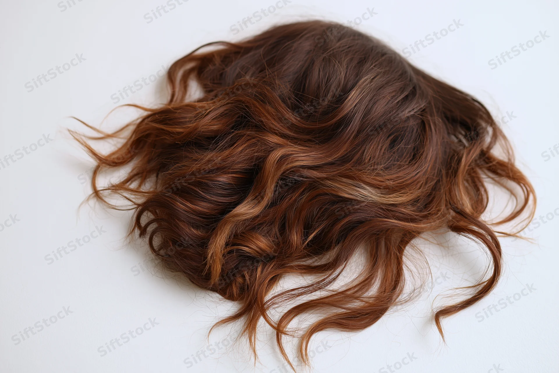 Loose wavy brown hair with caramel and honey blonde highlights on white background