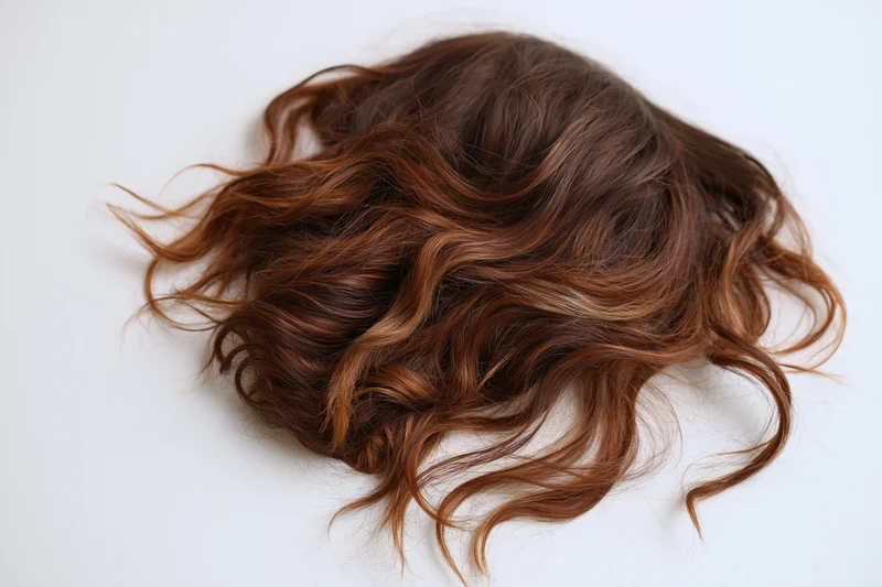 Loose wavy brown hair with caramel and honey blonde highlights on white background