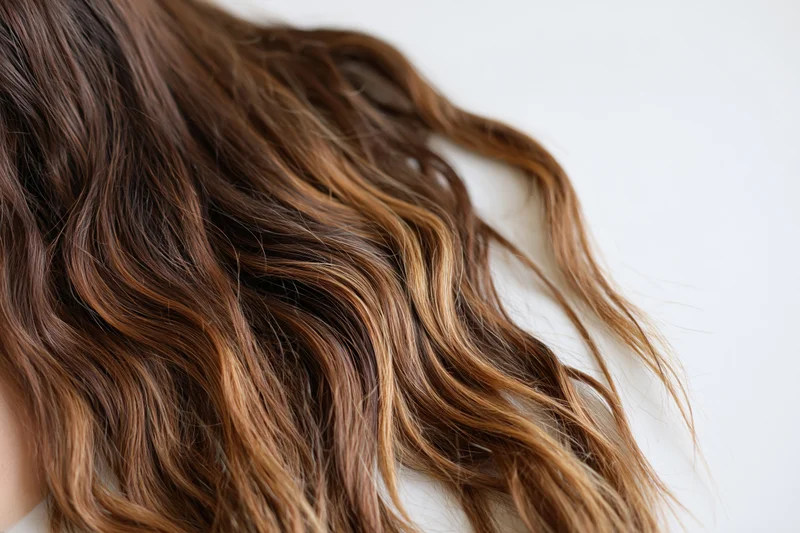 Closeup of wavy brown hair with caramel and honey blonde highlights flowing against a white background