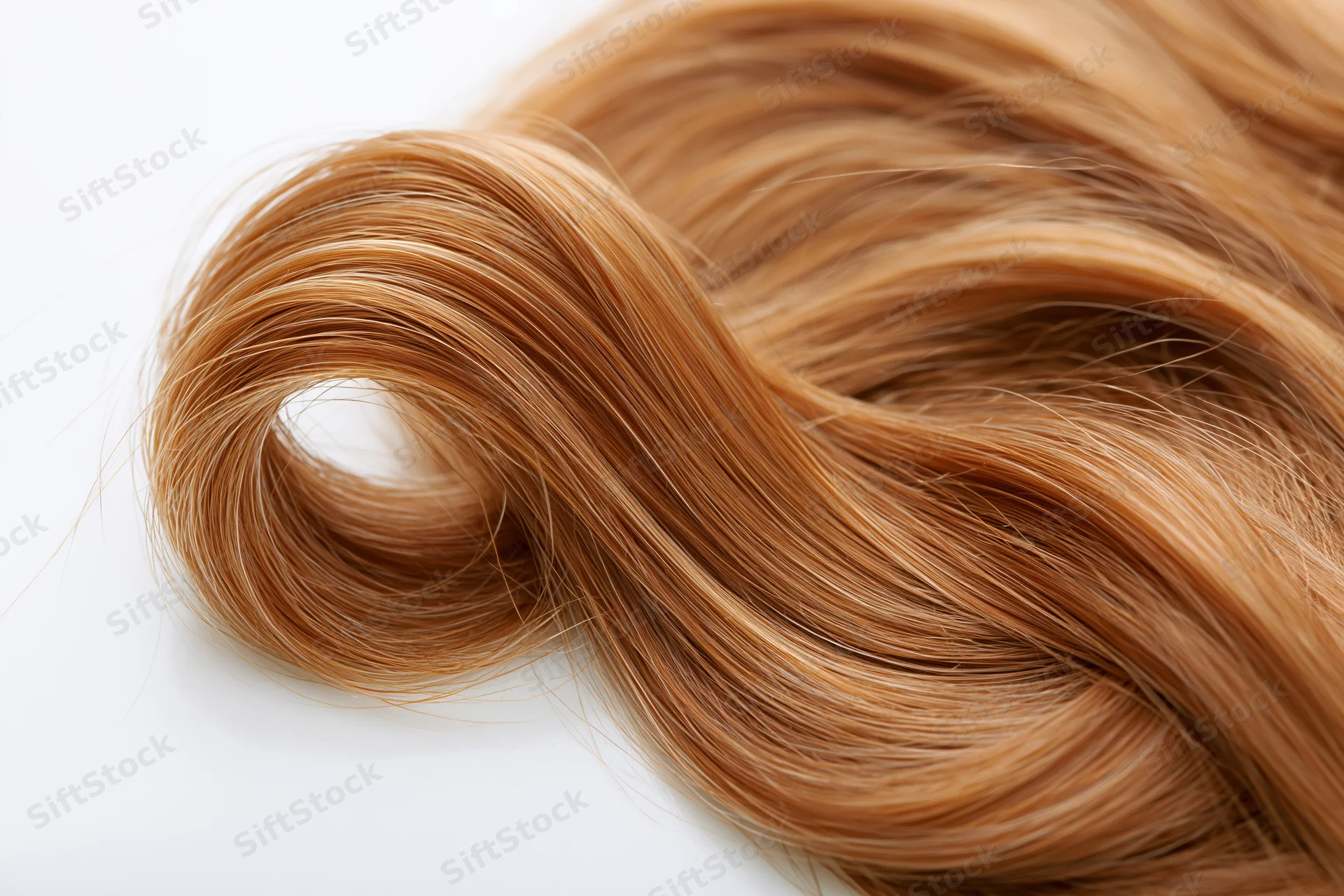 Loose curl of auburn-strawberry blonde human hair lying on white surface