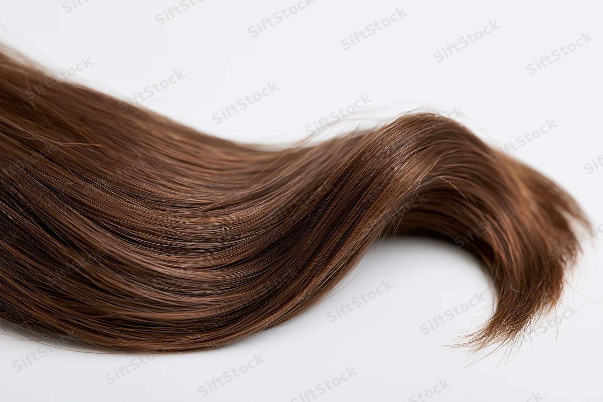 A loose curl of dark brown human hair arranged in a wave on a white surface
