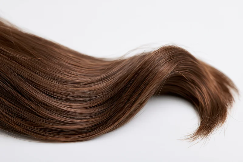A loose curl of dark brown human hair arranged in a wave on a white surface