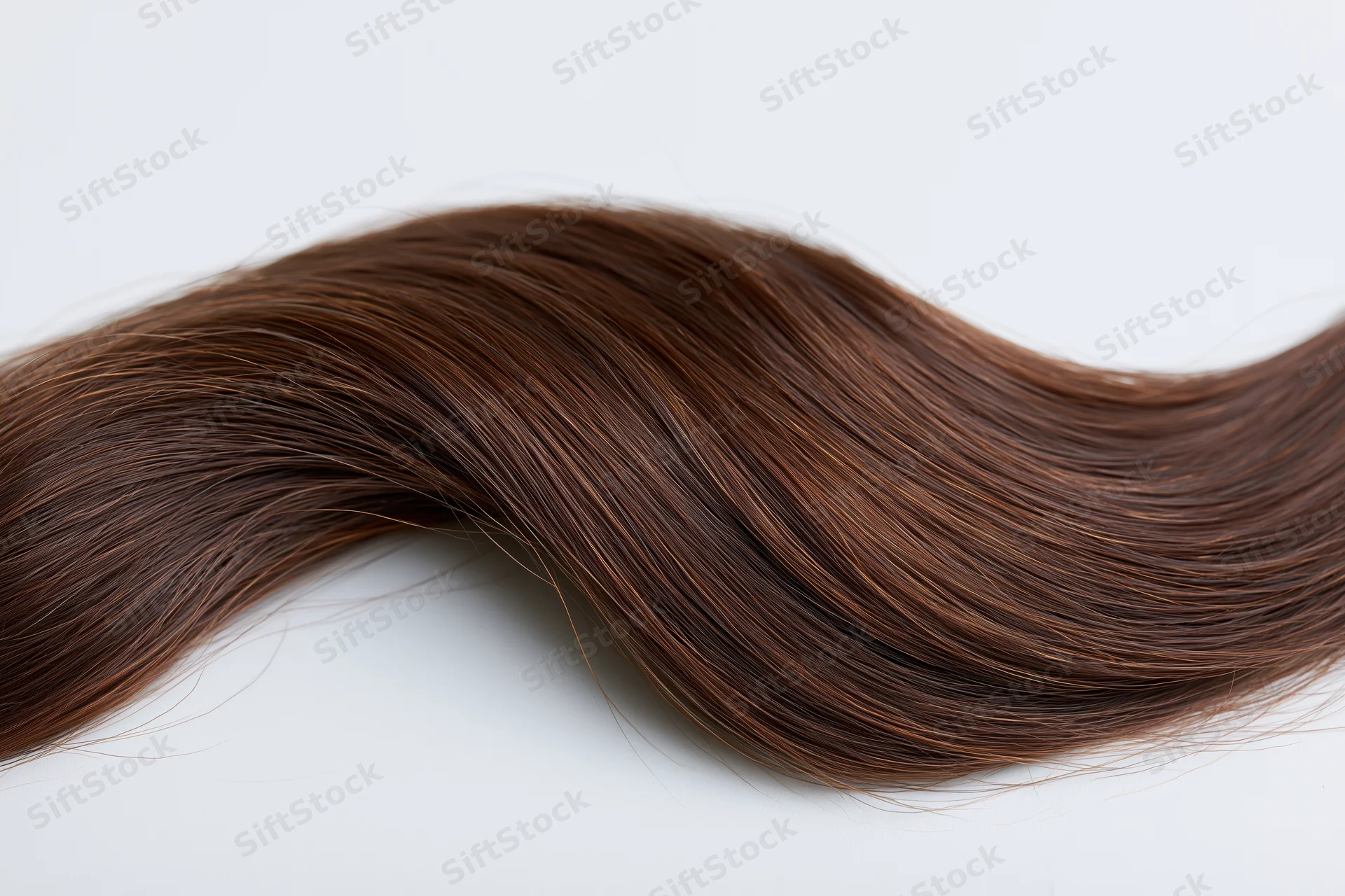 Loose curl of dark brown human hair arranged in a wavy shape on white background