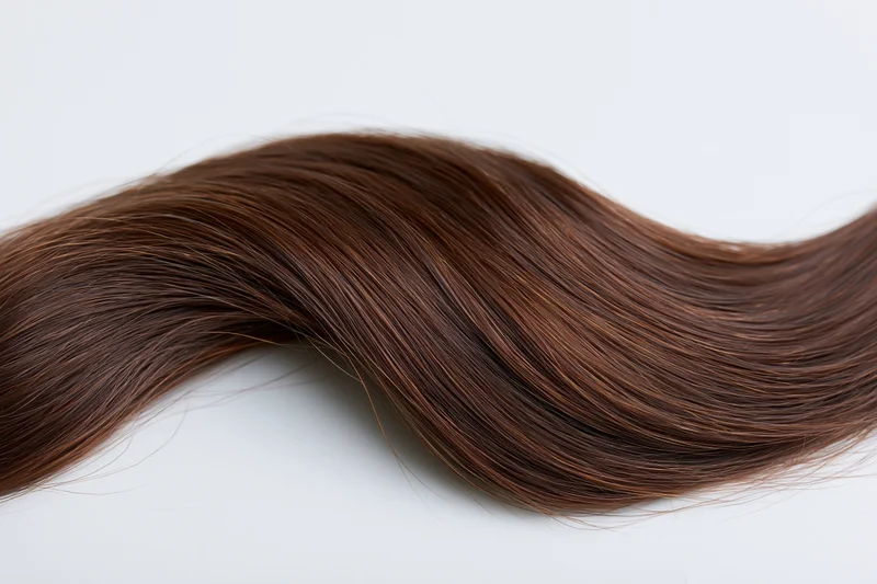 Loose curl of dark brown human hair arranged in a wavy shape on white background