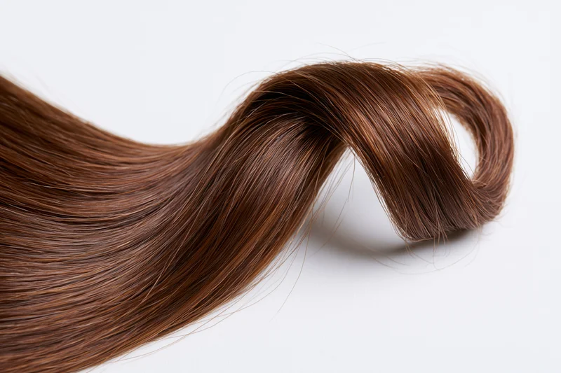 A loose curl of dark brown human hair arranged in a wave on a white background