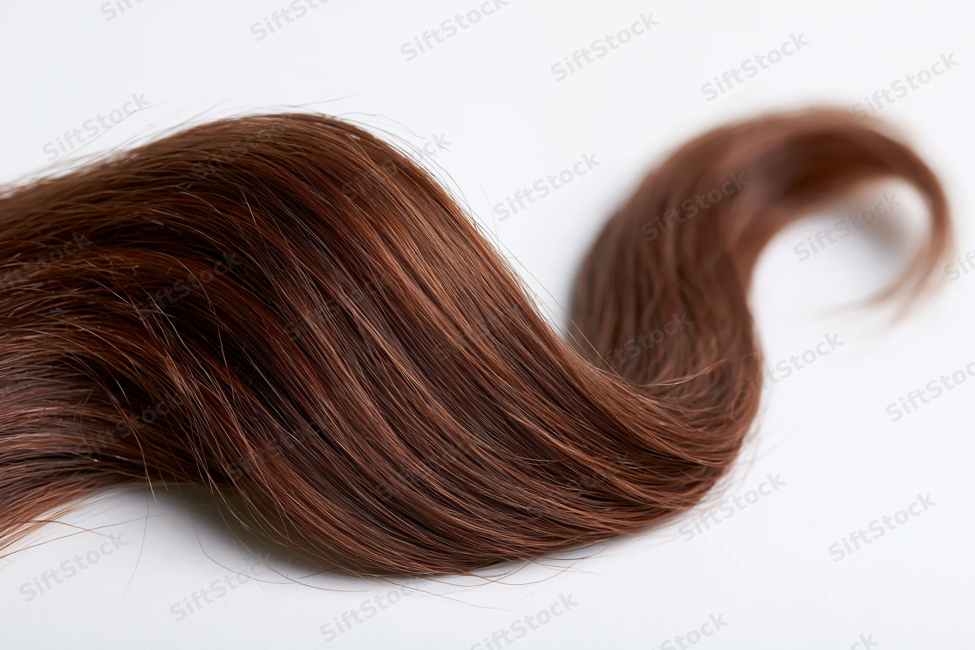 Loose curl of dark brown human hair arranged in a wave on white surface