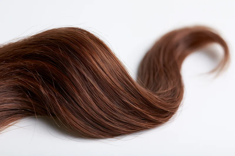 Loose curl of dark brown human hair arranged in a wave on white surface