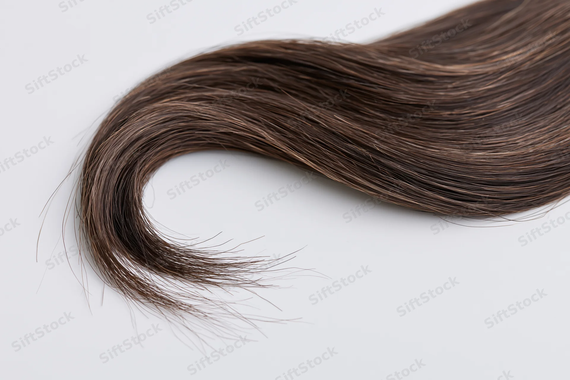 A loose curl of dark brown human hair forming an s-shape on a white surface