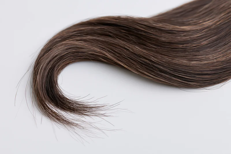 A loose curl of dark brown human hair forming an s-shape on a white surface