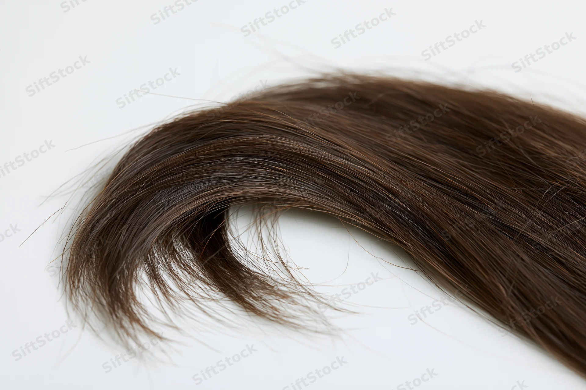 A loose curl of dark brown human hair forming an s-shape on a white surface