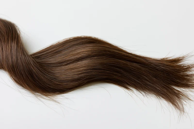 A loose curl of dark brown human hair forming an s-curve on a white background