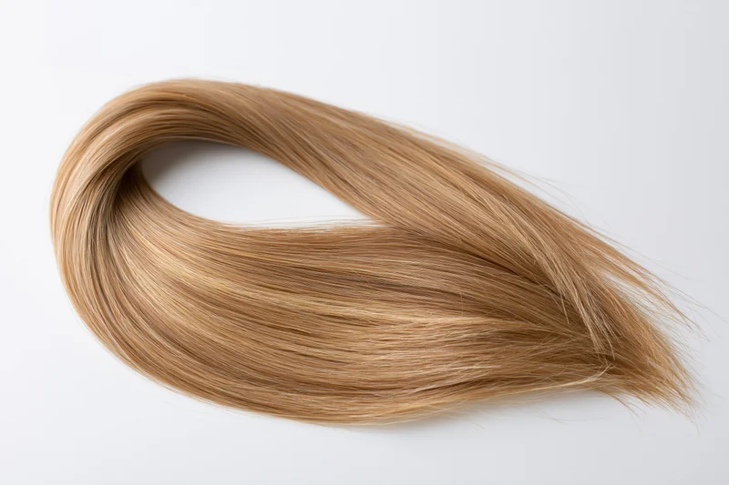 Loose curl of blonde human hair extension laid flat on white background