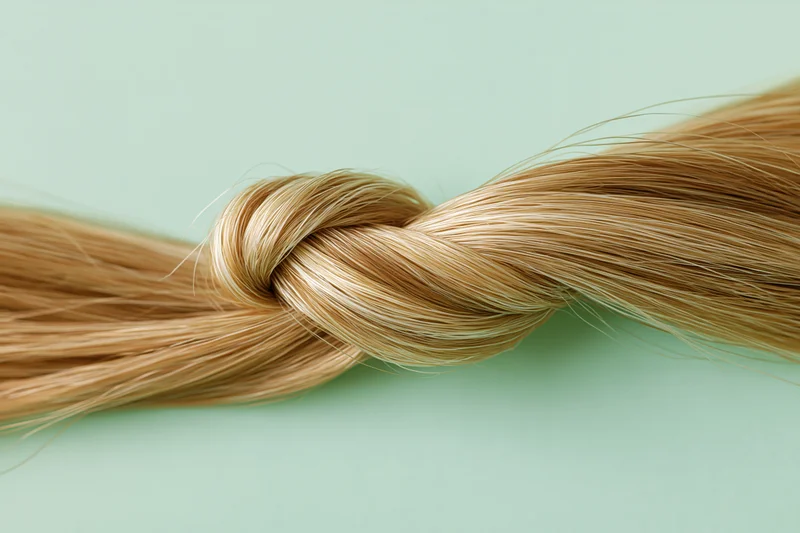 Thick blonde hair strand tied in a loose knot against a mint background