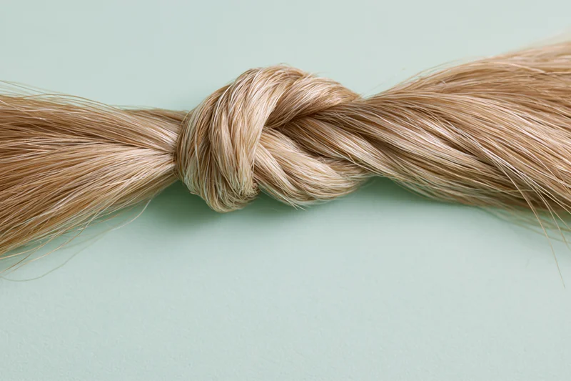 Blonde hair strand tied in a loose knot lying flat on a mint background