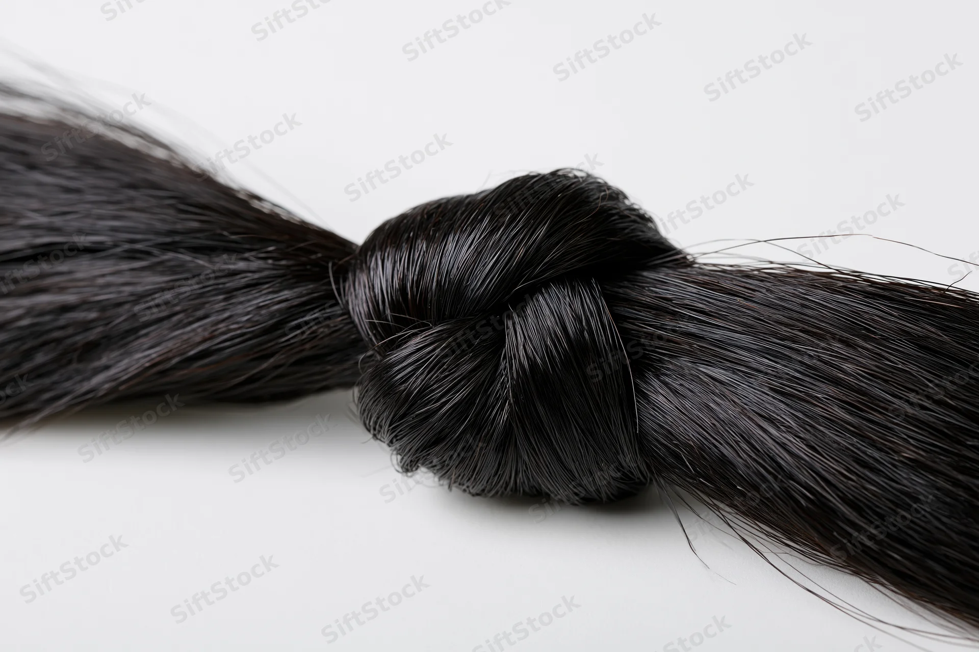 Thick black hair strand tied in a loose overhand knot on white background