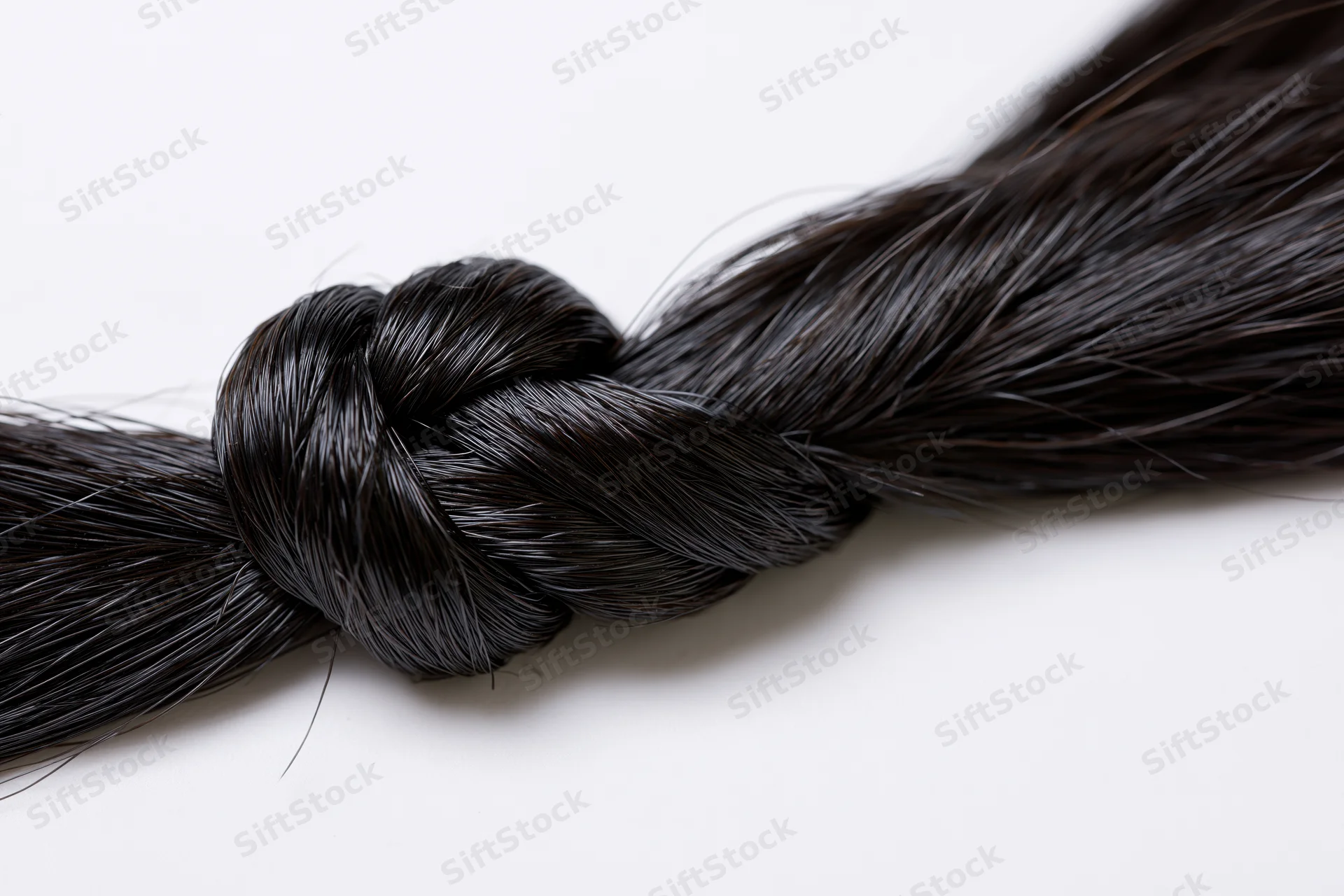 Thick black hair strand tied in an overhand knot on white background