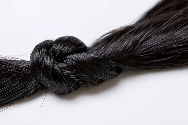 Thick black hair strand tied in an overhand knot on white background