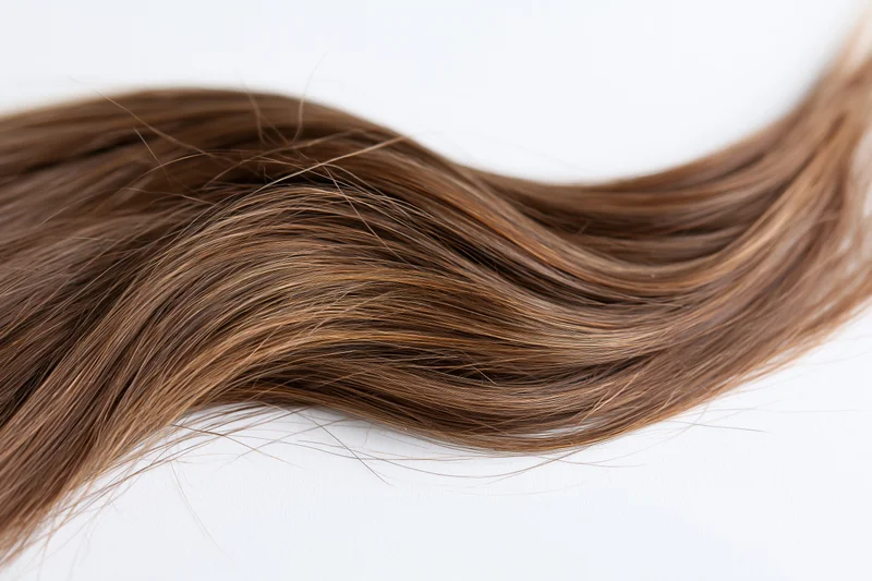 A loose strand of long brown hair with subtle natural highlights lying on a white surface
