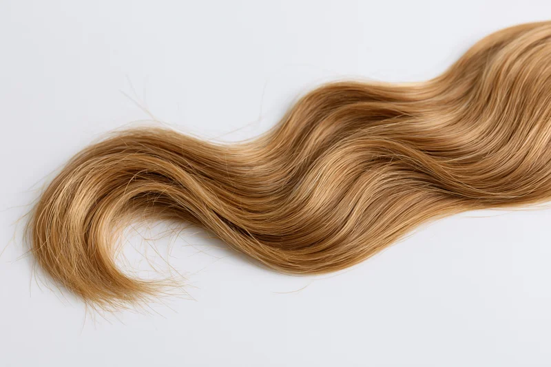 Loose wavy light brown human hair strand lying on white surface