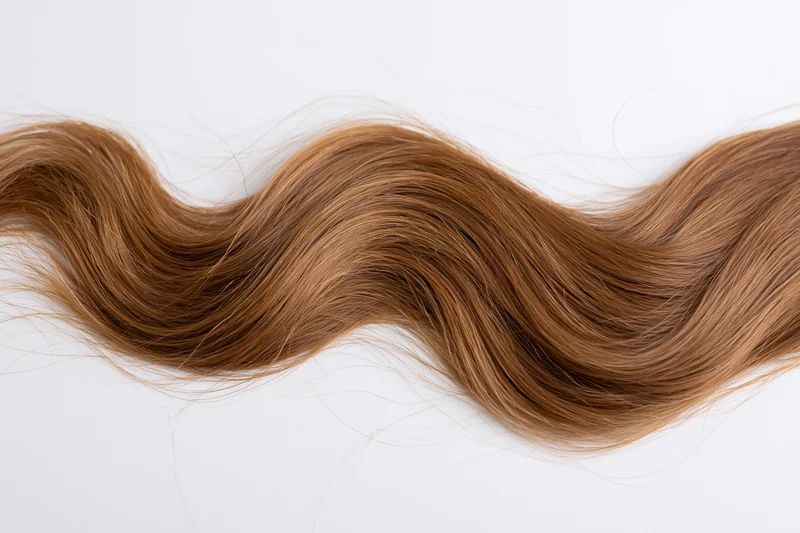 Loose wavy light brown human hair strand lying flat on white background