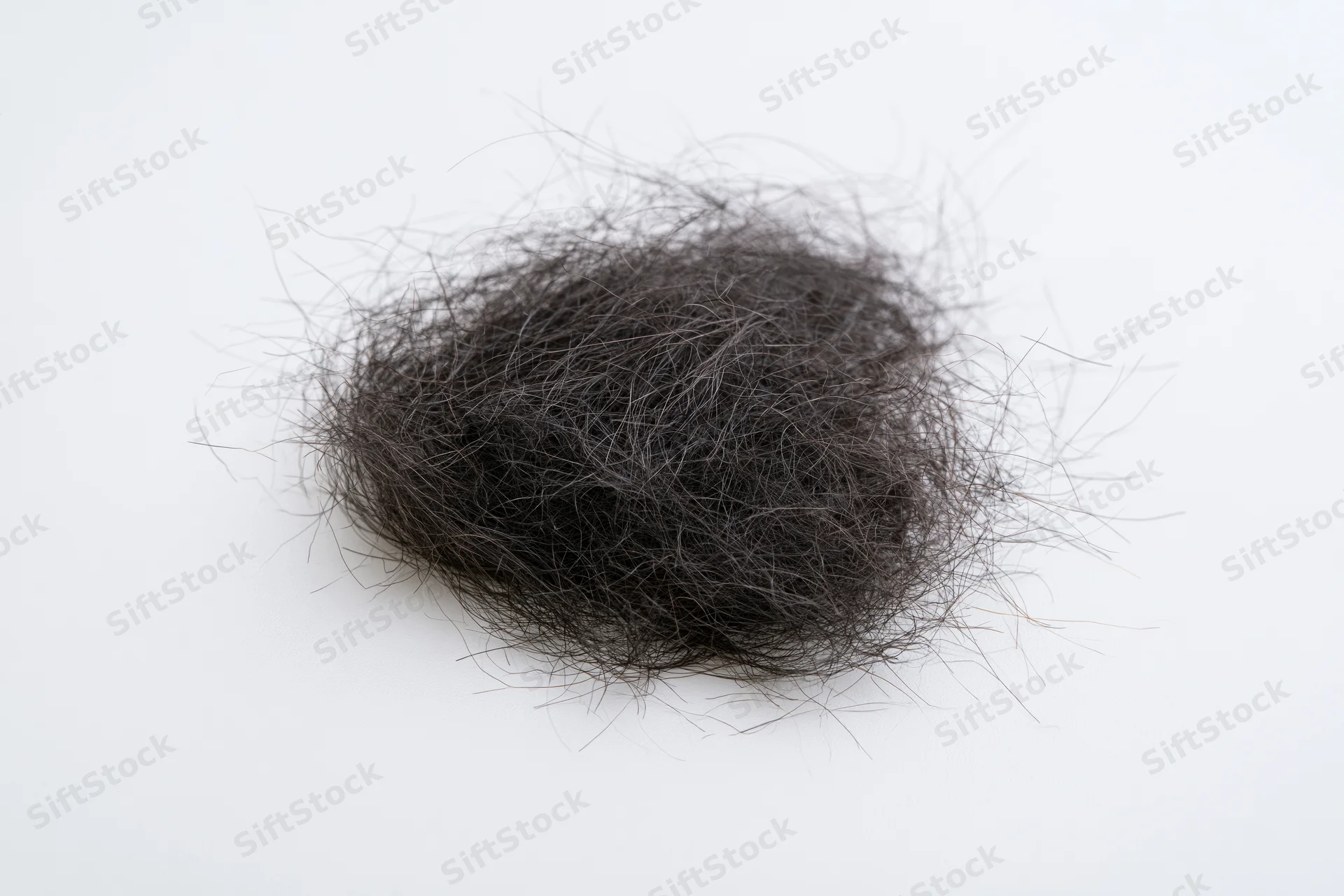 Tangled clump of shed dark human hair resting flat on white surface