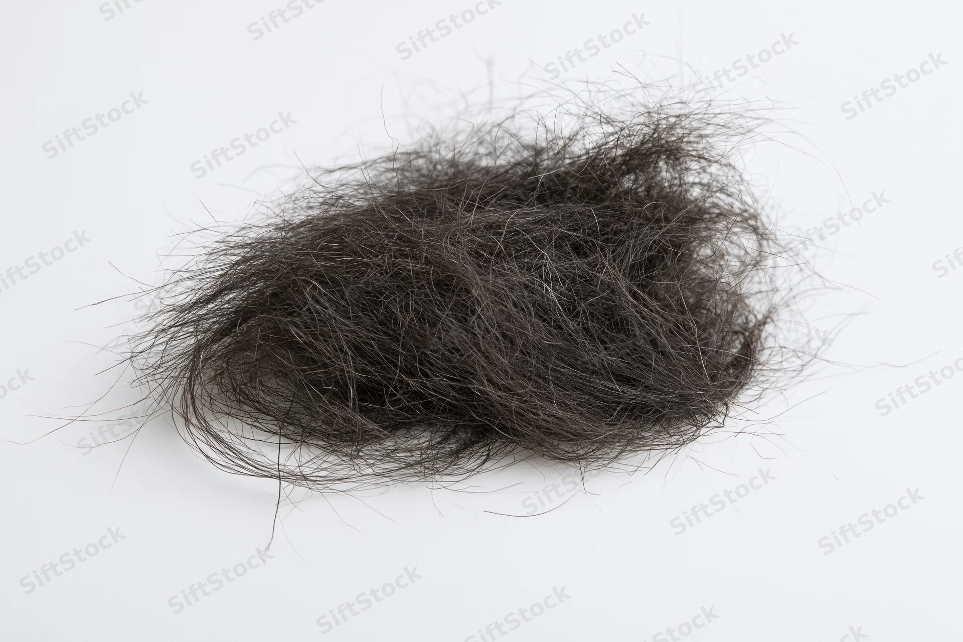 A tangled clump of shed dark human hair resting flat on a white surface