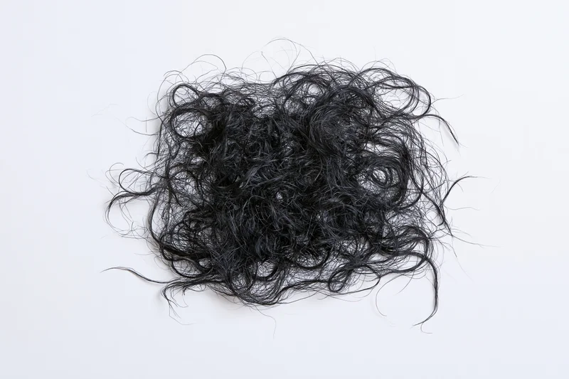 Tangled dark hair strands piled loosely on white surface