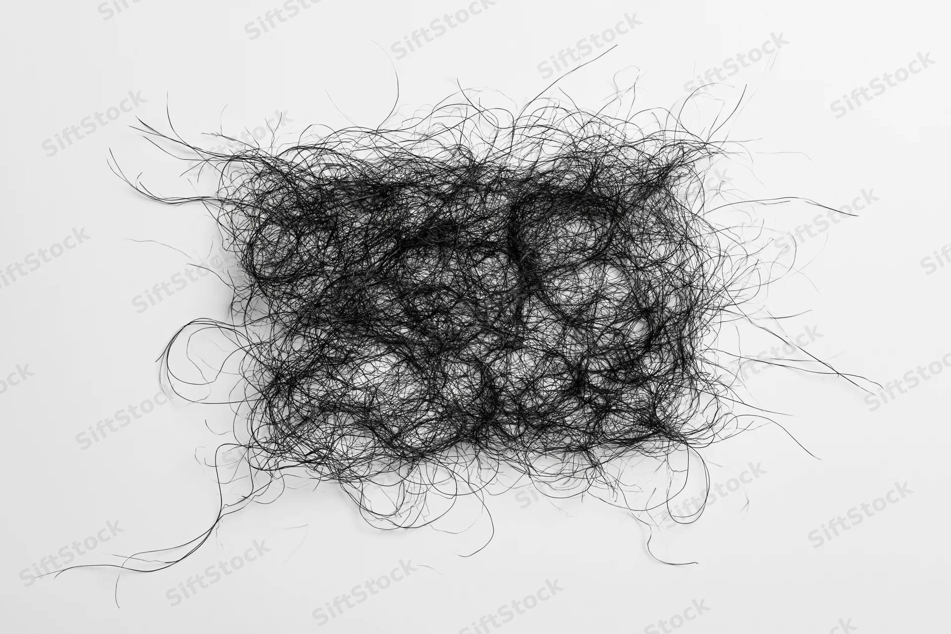 Tangled mass of fine dark hair strands scattered on white surface