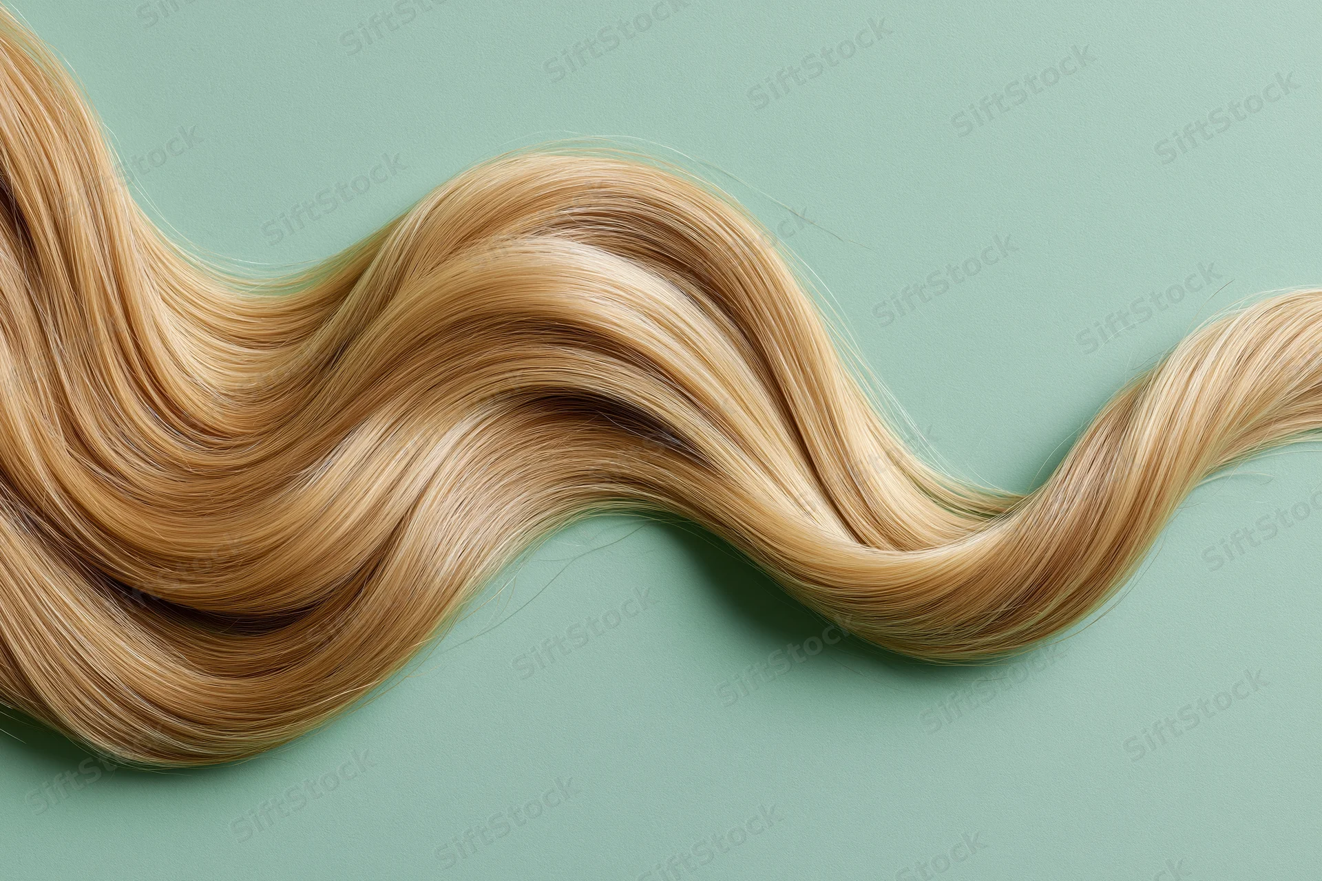 A loose wavy lock of blonde hair arranged in a flowing s-curve on a mint background
