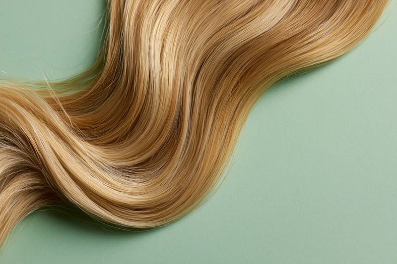 Loose wavy blonde hair lock arranged in flowing s-curve on mint green background