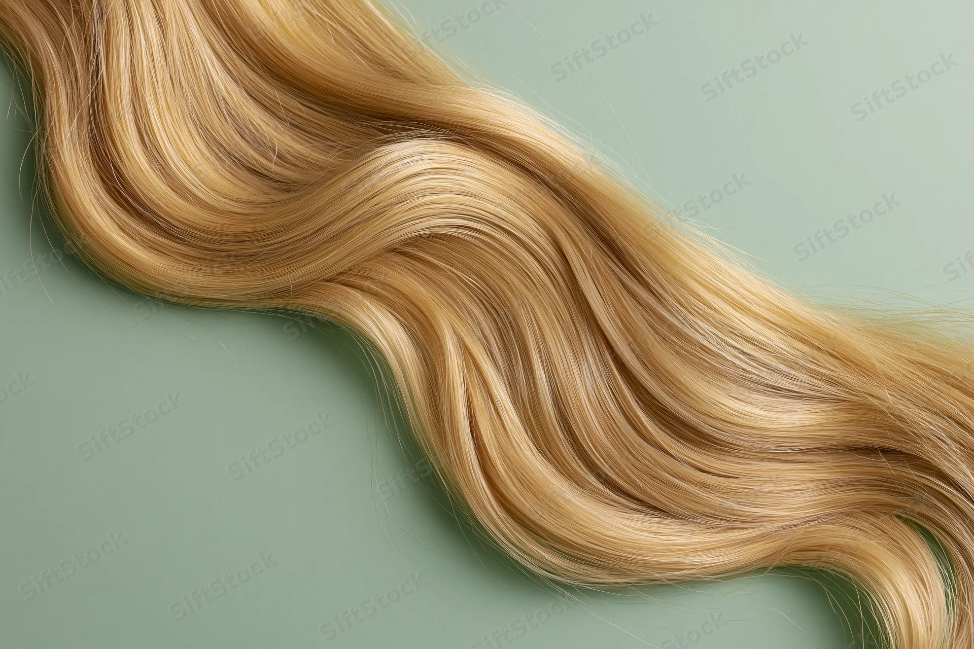 Flowing blonde wavy hair lock arranged in s-curve on muted green background