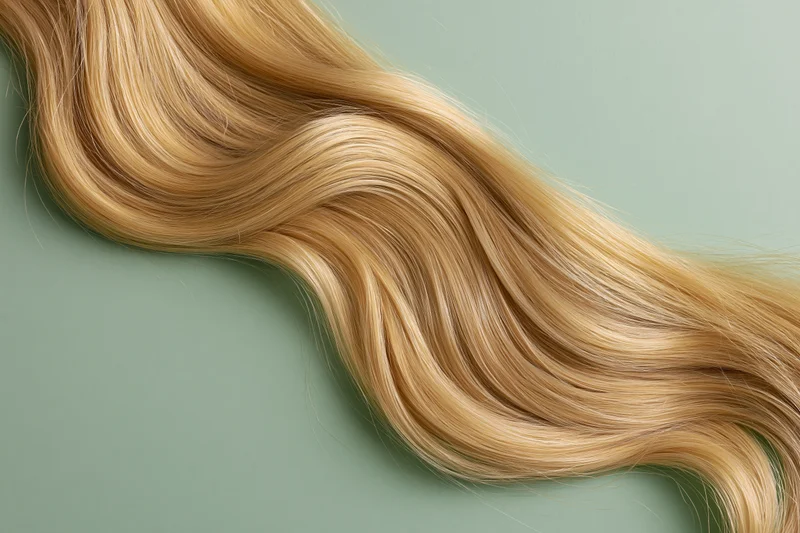 Flowing blonde wavy hair lock arranged in s-curve on muted green background
