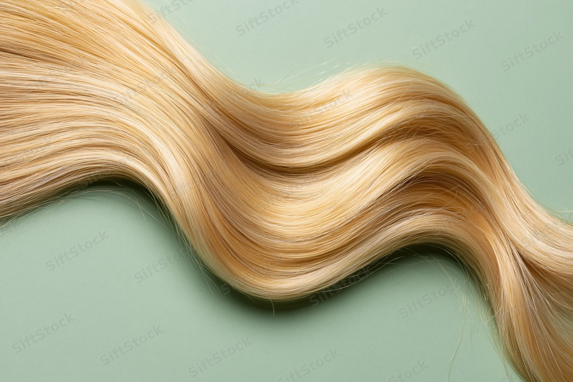 Loose wavy blonde hair lock arranged in flowing s-curve on mint green background