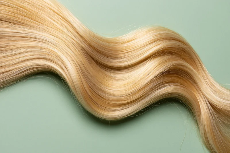 Loose wavy blonde hair lock arranged in flowing s-curve on mint green background